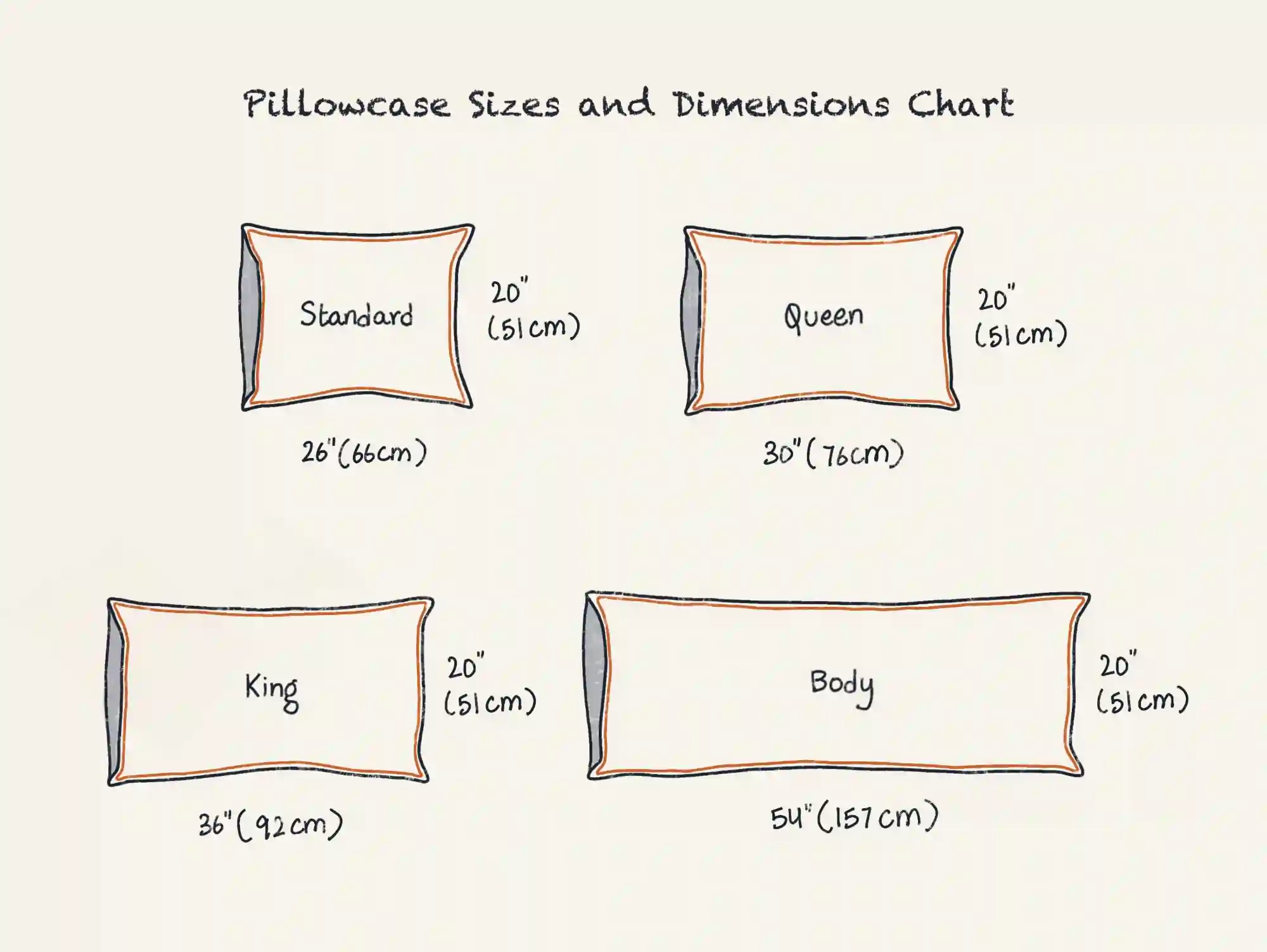 Illustration of Pillow Case Sizes and Dimensions Guide