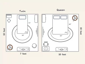 Illustration of room layout for queen vs twin